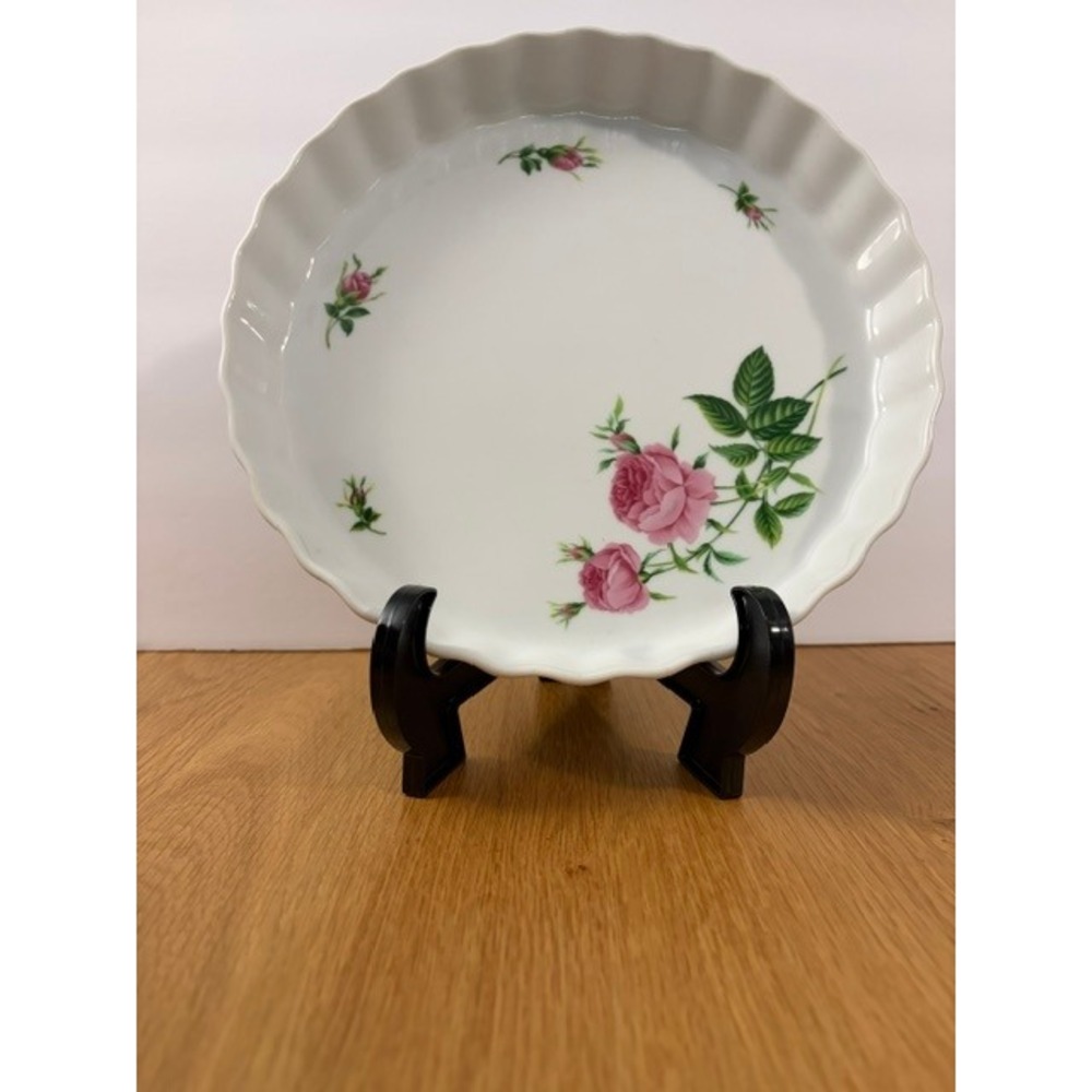 Christineholm Quiche Dish Porcelain 9.75in White Pink Rose Good Fluted Tart Pan